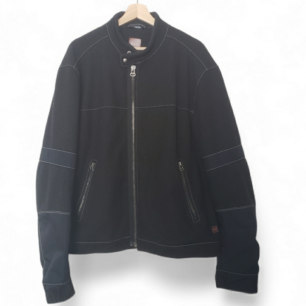 Hugo Boss Jacket Vintage Zip Up Black Heavy Wool Bomber Biker Sleeve Size 44R